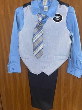 George Blue Plaid Tie and Vest Set with Cream and Navy Accents